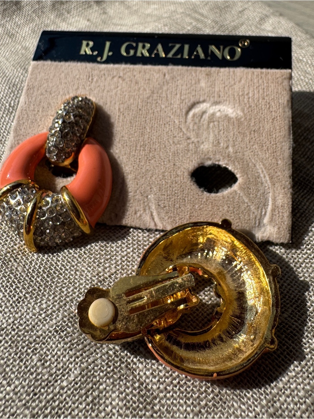 R.J. Graziano Coral and Gold Crystal Clip-On Drop Earrings